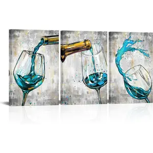 Conipit Teal Grey Wall Art Canvas For Kitchen Dining Room Wine Glass Pictures Artwork Still Life Paintings 16"X24"X3pcs Framed For Restaurant Ready To Hang