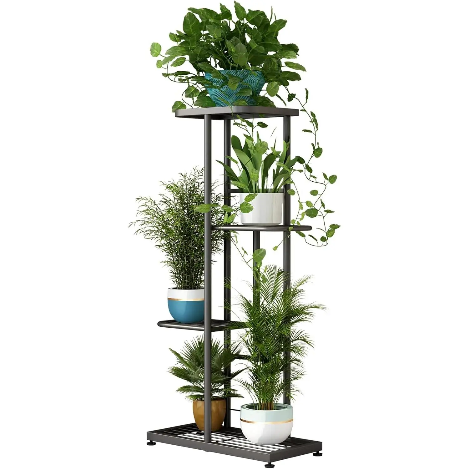 Multi-Use 4-Tier Metal Flower Pot Holder Shelf, 4 Tier-5 Potted Display Shelving Unit (17.1l*8.7w*31.5h in) for Patio Garden Corner, Indoor Outdoor Stand with Display Photos Capability, Balcony