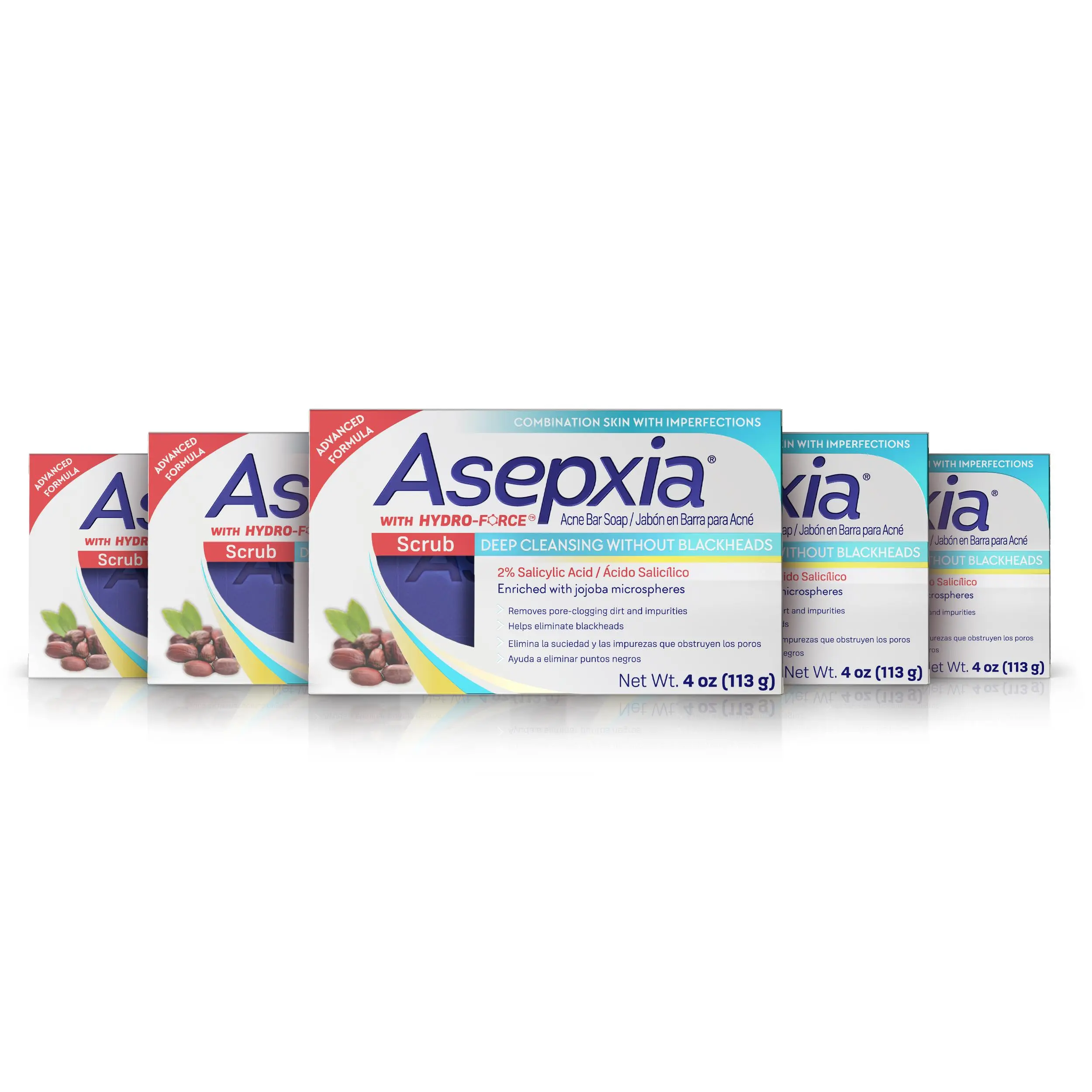 Asepxia Salicylic Acid & Jojoba Cleansing Bar Soap Cleanser - 5-Pack, 4 oz, Scented, Moisturizing Glycerin Body Care for Acne-Prone Skin, Gentle Exfoliation