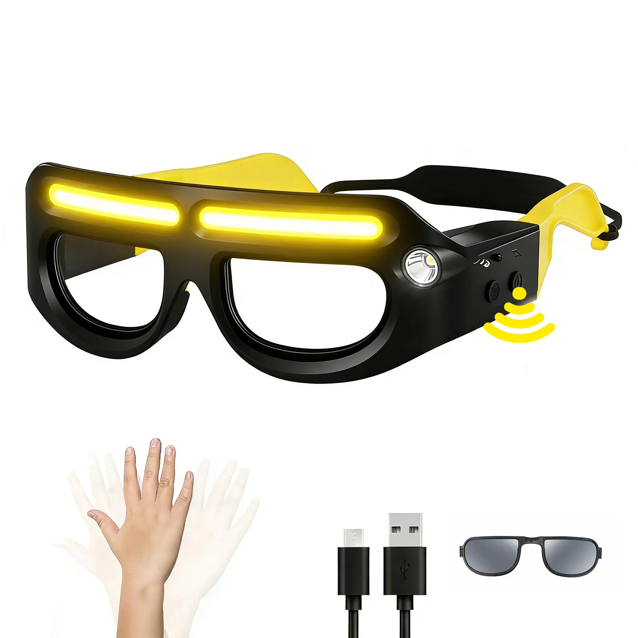 2-Pack Rechargeable Motion Sensor LED Glasses Headlamp, 5 Modes USB-C Lighted Glasses for Running, Camping, Fishing, Cycling, Hiking, Hands-Free Lighting