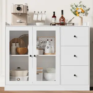 GARVEE 43" Kitchen Sideboard Cabinet - Stylish Coffee Bar with 3 Drawers & Doors, Perfect for Dining Room or Entryway, Distressed Gray Finish, Ideal for Organizing Kitchen Essentials and Enhancing Home Decor.