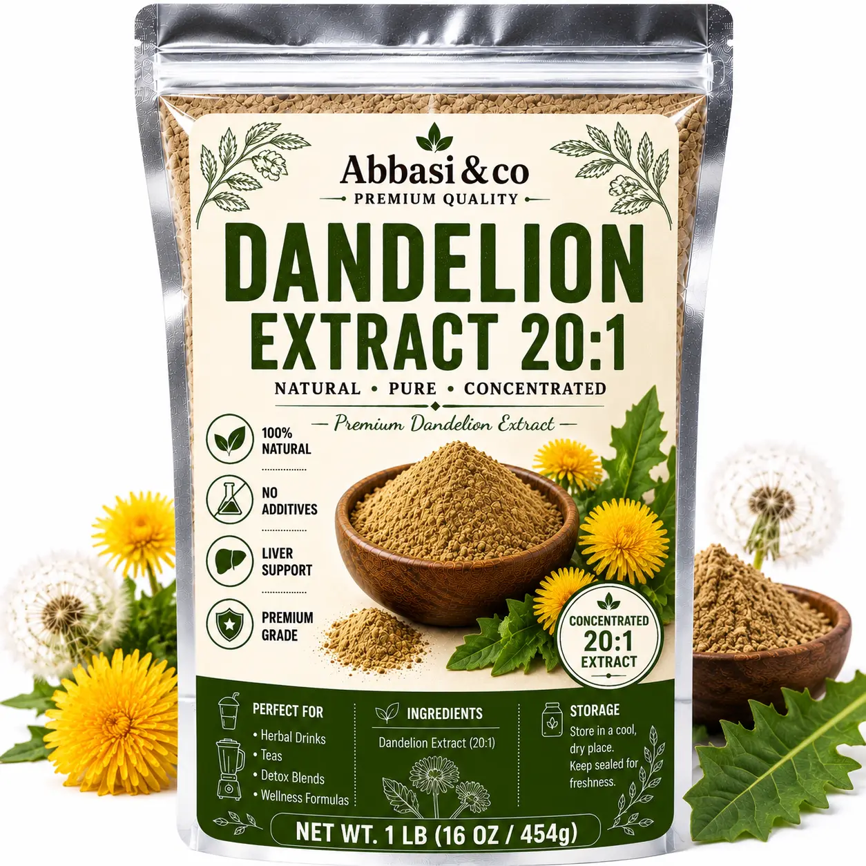 Coldpressed Dandelion Extract Powder 20:1, Natural Pure Concentrated Premium Grade Herbal Supplement, Detox Support for Herbal Drinks & Dandelion Root Tea, Detoxsupport, Aluminumpouch