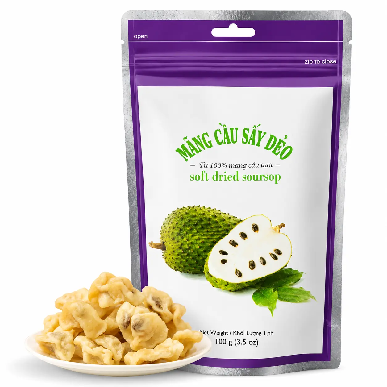 Soft Dried Soursop Slices, 3.5 oz Tropical Fruit Snack, Sweet & Tangy Vietnamese Graviola, Soft Chewy High-Fiber Dried Fruit for Kids & Adults