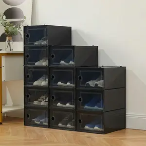 YJ-Garvee 12 Pcs Shoe Boxes, Stackable Clear Plastic Shoe Organizer, Shoe Storage Containers with Lids for Women/Men, Black