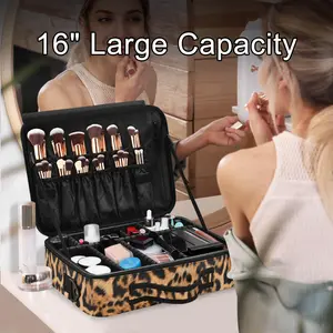 Makeup Bag 15" Large Capacity Cosmetic Bag Travel Makeup Storage Bag Organizer Portable Artist Storage Bag with Adjustable Dividers and shoulder strap Leopard print Made by FEIFEIYU