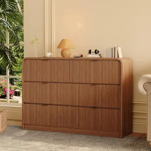 Fluted 6 Drawer Dresser, Modern Bedroom Dresser with Rounded Edge, Walnut Wood Color Deep Chest of Drawers, for Living Room, Hallway and Bedroom Storage Furniture