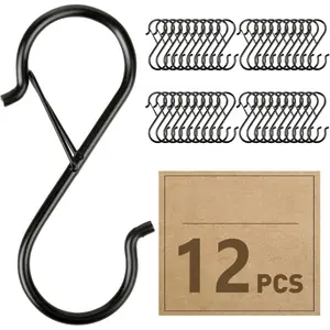 [New Deal] 12 Pcs S Hooks for Hanging Heavy Duty, 3.5-inch Heavy Duty Metal S Hook with Safety Buckle, Suitable for 0.5 inch Rods, S Hook for Hanging Plants, Closet, Kitchen Utensil, Pot, Pan, Bags Curtains Shower