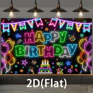 2D Flat Banner Polyester Photography Backdrop, HD Digitally Printed Neon Style Happy Birthday Background Cloth, Soft Lightweight Foldable Photo Backdrop for Birthday Parties, Photo Booths, Event Decoration, Video Studio, and Portr