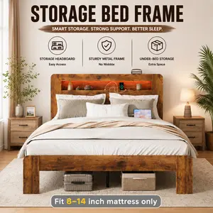 【Storage Bed Frame】FANSACE Rustic Queen/King Storage Bed Frame with Headboard,Open Bars,Storage Bookshelf, LED Lights, Farmhouse Platform Bed with Wood Slat Support, Sturdy, Quick Setup, Easy Assembly