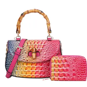 Croc-Embossed Top Handle Bag with Bamboo Handle – Vintage PU Leather Crossbody Handbag for Women