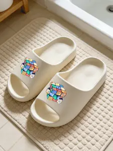 1 Pair Beige Colorful Rubik's Cube Slides American Street Style Anti-odor Anti-slip Soft EVA Thick Sole Slippers For Retro It Girls Home Bathroom