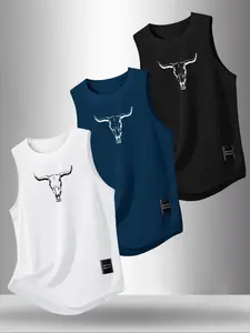 Men's Summer Casual Sleeveless Vest, Bull Head Print, Outdoor Sports Wear, Daily Versatile, 3 Pack, Fitted Style, No Zipper