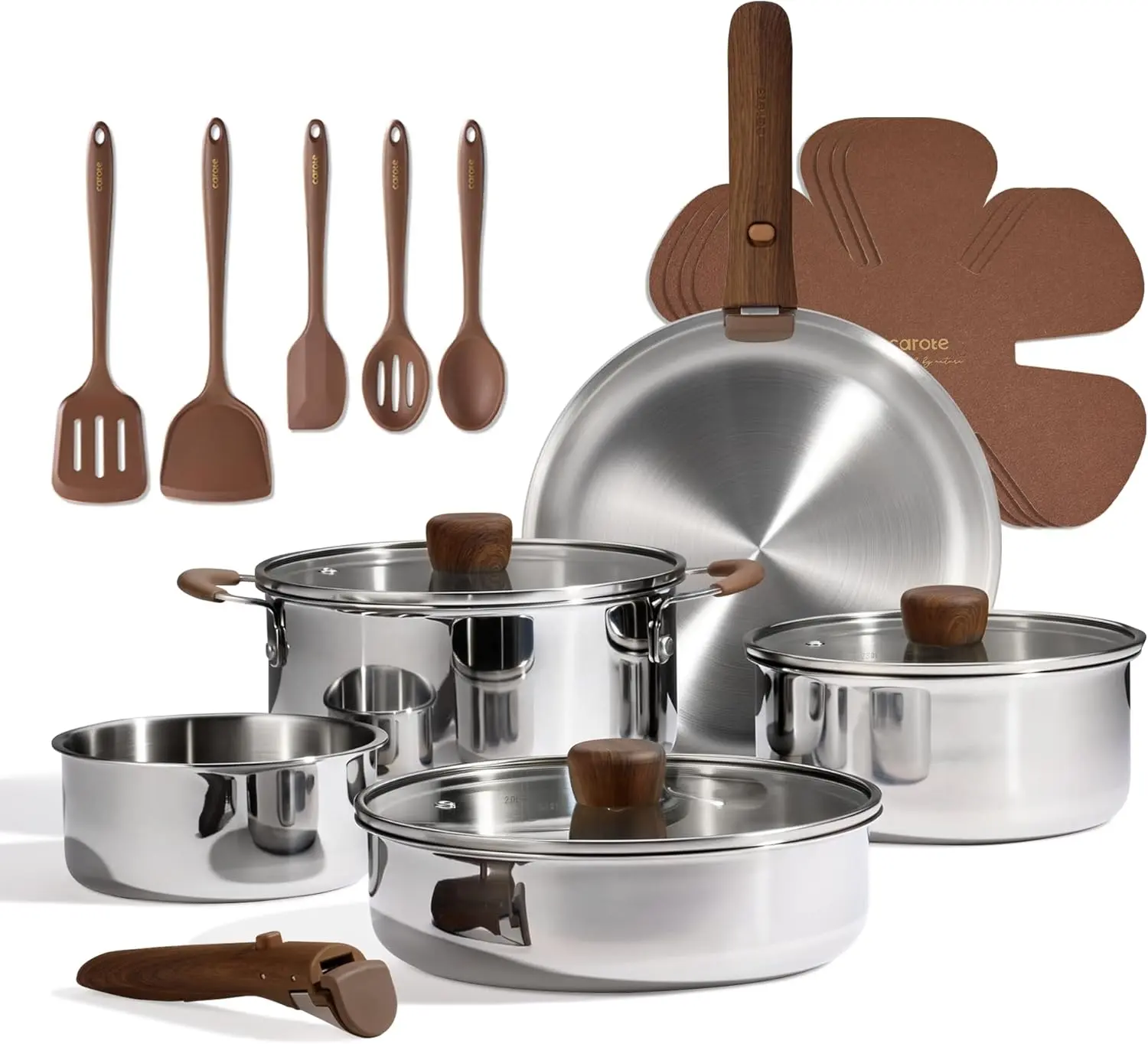 [Official] CAROTE 19-Piece Tri-Ply Stainless Steel Cookware Set, Pots and Pans Set with Detachable Handle, Non-Toxic, Even Heating, Induction Compatible, Dishwasher & Oven Safe, Space Saving, Woodgrain, Silver