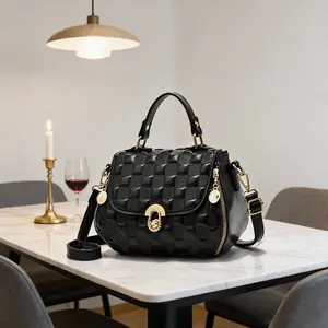 Women’s Black 3D Checkered Embossed Handbag – Luxury Woven-Texture Satchel with Side Zippers and Gold Turn Lock – Elegant Crossbody Shoulder Bag for Work and Everyday Use