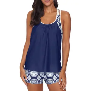 Aleumdr Womens Blouson Striped Printed Push up Strappy T-Back Tankini Top with Shorts Sport Swimming Clothing Beach Activewear