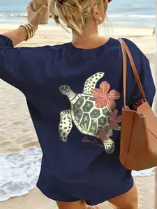 'Coastal Grandma' Cotton Beach Graphic T-Shirt | Cute Sea Turtle & Hibiscus Floral Print, Oversized Loose Fit for Summer Vacation, Surf Days & Boho Coastal Aesthetic, Trendy Back Print Tee for Women Beach Outfit & Tropical Travel Essentials