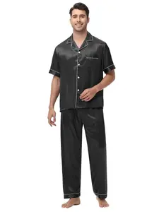 Men's Solid Button Closure Satin Pajama Two-piece Set, Regular Fit Casual Comfy Short Sleeve Lapel Collar Pajama Top & Pants, Men's Sleepwear & Loungewear for All Seasons, Pyjamas, Pjs