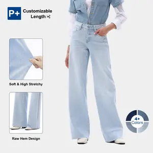 Mid-high Rise Wide Leg Jeans for Women High Stretchy Baggy Jeans BBL Loose Fit Tummy Control Denim Pants All Season Casual Holiday Raw Hem Distressed Pants Womenswear Bottom Comfortable Denim Jeans#SummerVibes