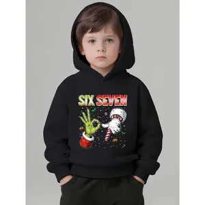 67 Boys' Hooded Sweatshirt with Green 'Six Seven' Number Print & Thumbs-Up Hand -  Christmas-Themed Long Sleeve Casual Sweater for, Easy-Care Hoodie for & Playdates