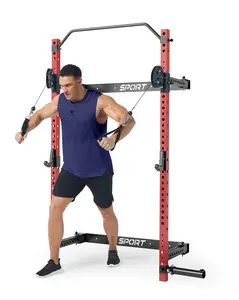 Garvee Folding Power Cage Squat Rack with 1000LBS Capacity, Wall Mounted Design, Pull Up Bar, 2.36"x2.36" Foldable Power Cage for Home Gym, Includes J Hook and Landmine Attachment