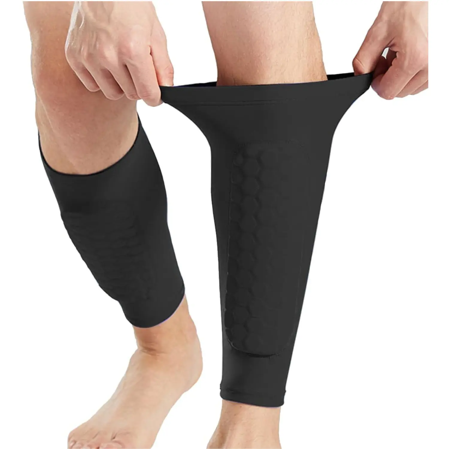 Padded Shin Guards Compression Leg Sleeves Honeycomb Foam Calf Protection Breathable Non Slip Sports Shin Pads for Soccer Football Basketball Running