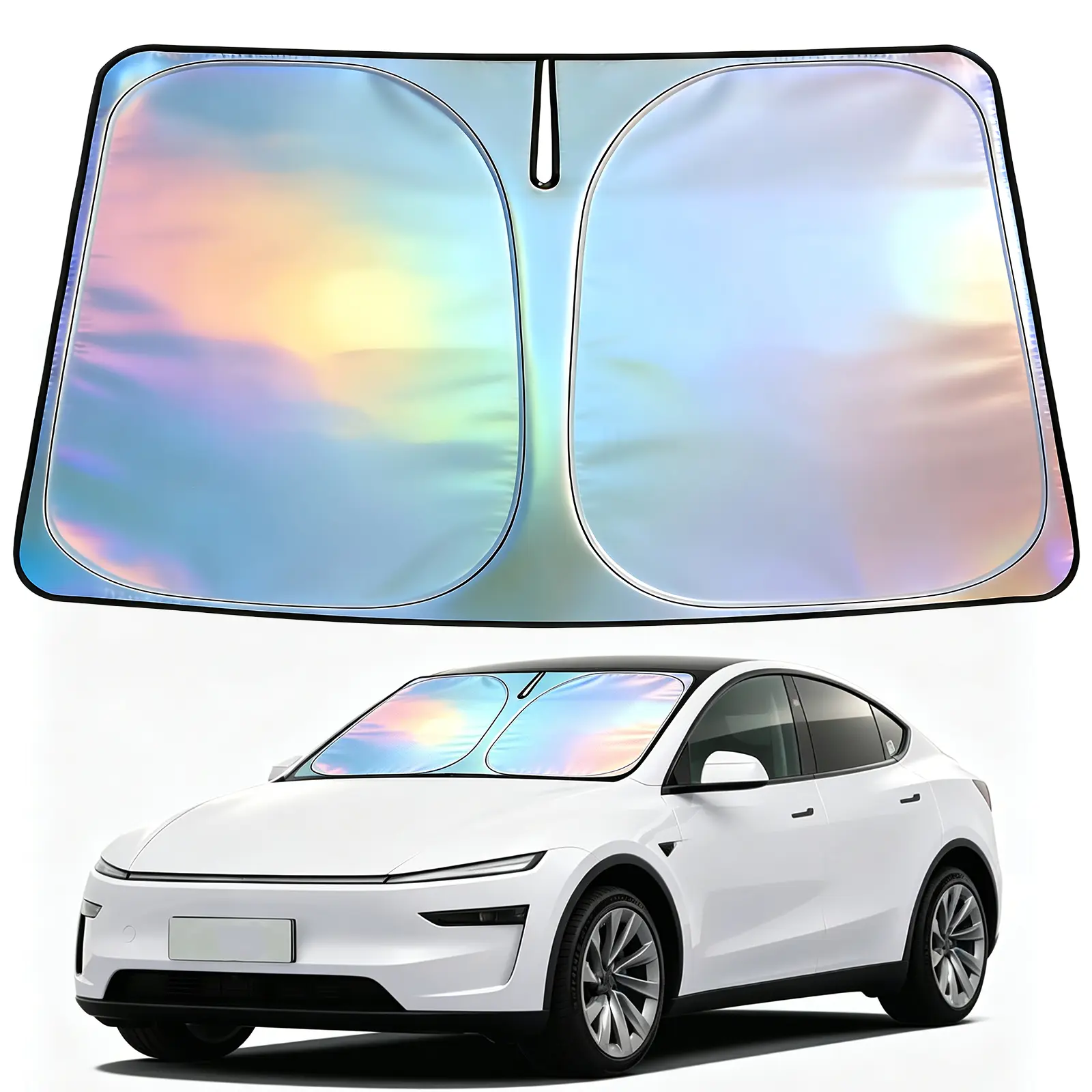 Diamond Pattern Polyester Front Windshield Sunshade for Tesla Model 3-Model Y (2017-present) - Car Exterior Accessory with Heat Insulation, UV Protection, Interior Guard, Foldable Design, Bug&Hood Coverage, Vent Visors, Manufacturer Warranty