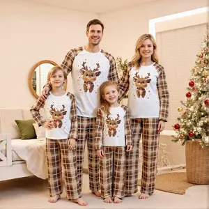 Family Matching Christmas 2pcs Pajamas Set Reindeer Print Long Sleeve Tee Top + Loose Plaid Pants Set Holiday Party Clothes Pajamas Sleepwear for Whole Family Dad Mom Kids and Dog Clothes