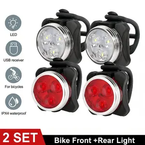 VASTFIRE USB Rechargeable Bike Light Set 2-Pack 3 LED Front & Rear Lights 4 Modes IPX4 Waterproof 400mAh Battery Easy Install for Helmets Backpacks