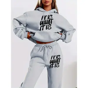 Women's Casual Hoodie & Jogger Set - Geometric Print, Long Sleeve with Kangaroo Pocket, Polyester Blend, Machine Washable, Fitted Design