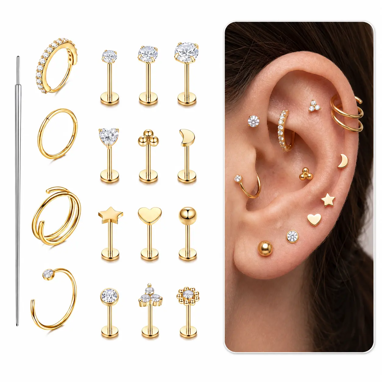 17PCS Piercing Jewelry Set for Women and Men, Surgical Steel Lip Rings, Nose Studs and Cartilage Earrings for Multiple Piercings