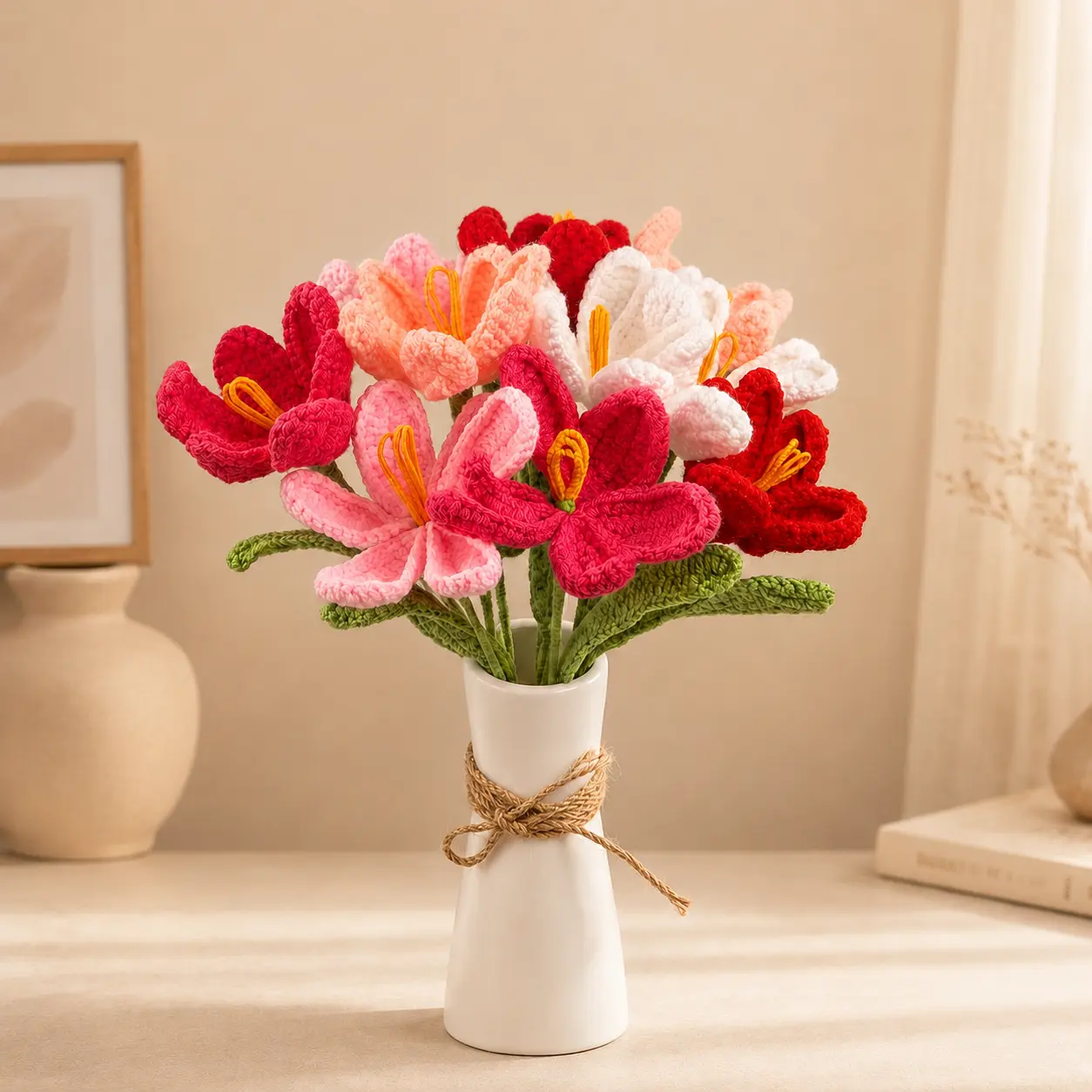 Handmade Crochet Tulip Bouquet without Vase, Cute Forever Flowers Gift for Her, Mom, Girlfriend, Birthday & Home Decor