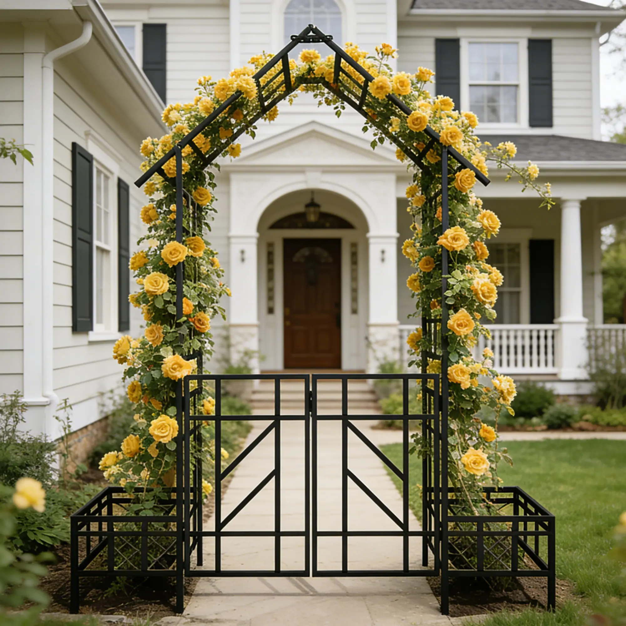 Metal Garden Arch with Gate and Planter Boxes, 80.7x97.2 Inch Climbing Plant Support for Roses, Vines, Outdoor Trellis for Patio, Yard, Black Finish, Durable Steel Structure, Easy Assembly, Garden Planter for Patio, Porch, Balcony, Entryway
