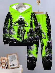 Boys' Hooded Sweatshirt Set with Mountain Bike Print, Fluorescent Long Pants, Quick-Dry Outdoor Cycling Theme, Casual Fitted Style