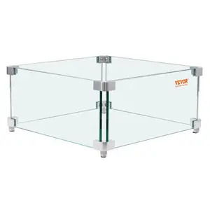 VEVOR  Gas Fire Pit Wind Guard for Square Fire Table, 15 x 15 x 7 inch Clear Tempered Wind Guard for Firepits, 0.31 inch Thick Square Glass Shield, Glass Panel with Hard Corner Bracket & Feet, Brackets, Tempered Glass
