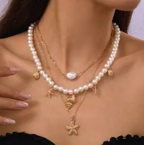 IRADA Gold Seashell Starfish Pearl Necklace Bohemian Beach Layered Sequins Shell Beaded Choker for Women Party Holiday Jewelry Gifts Winter Christmas party gift