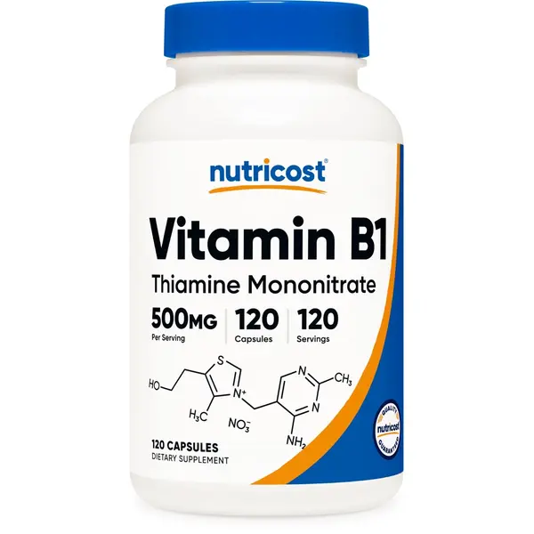 Nutricost Edible Thiamin (Vitamin B1) 500mg Gelatin Capsules Dietary Supplement - 120 Count, Gluten-Free, Non-GMO, Silica-Infused Health & Natural Wellness Support, 120 Capsules