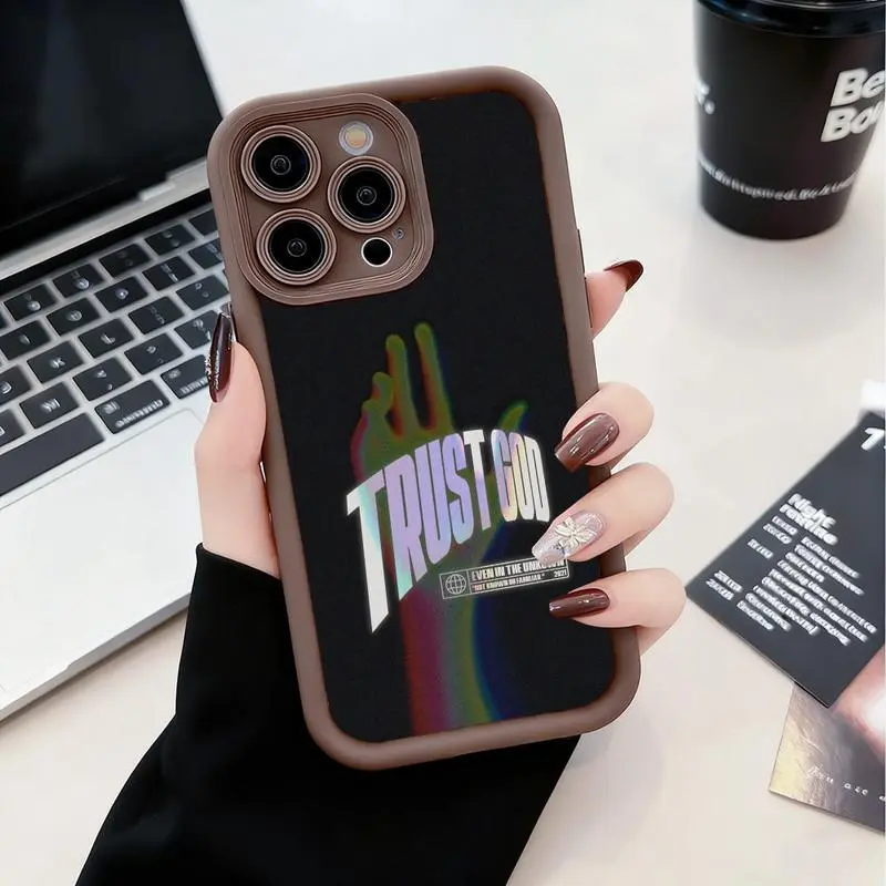 Holographic gradient TRUST GOD logo phone case. Compatible with iPhone 17 Pro Max/16 Pro Max/15 Plus/14/13/12/11, TPU soft case. Compatible with Galaxy S26 Ultra/S25 Plus/S24/S23, Dopamine color. Compatible with Galaxy A54/A53/A33/A15.