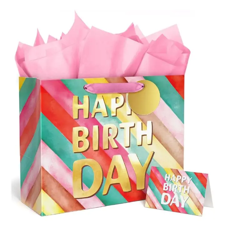 BGTCARDS Happy Birthday Gift Bag with Tissue Paper & Card 13"x10"x5" Reusable Party Bag with Handles Rainbow Design for Birthdays & Parties 1PCS
