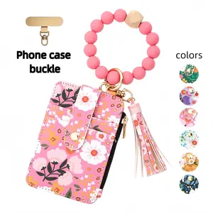 Boho Style Beaded & Tassel Decor Keychain, Fashionable Silicone Beaded Keychain for Women & Girls, Trendy Card Holder Wallet Keychain for Birthday Gift