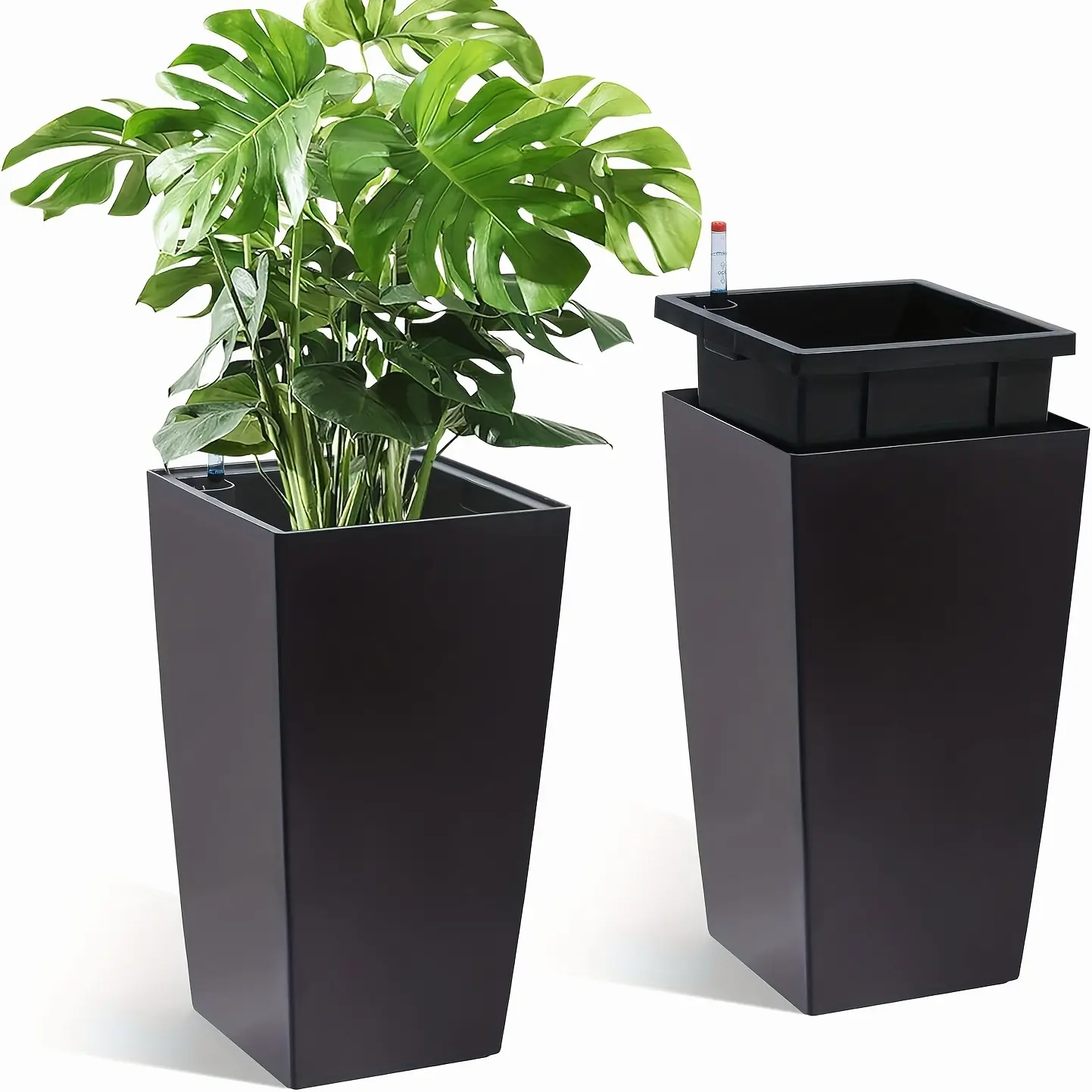 16 Inch Tall Rectangular Planters Set of 2 Large Modern Plant Pots with Drainage Holes And Water Level Monitor And Wheels Outdoor And Indoor for Patio, Porch, Living Room, Or Home Office, Black, White