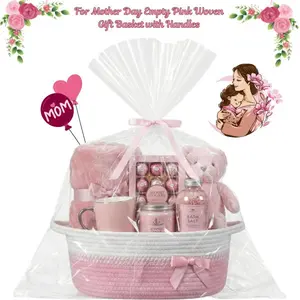 Mother’s Day Basket Set Empty Gift Basket for Women, Woven Cotton Rope Basket with Handles Ribbons Bow Tie Bag, Mother’s Day Birthday Thanksgiving Gift Organizer