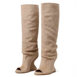 Pre Order Custom Made Women's Open Toe Suede Knee High Boots Slouchy Pull-On Tall Boots with Inverted Sculptural Wedge Heel