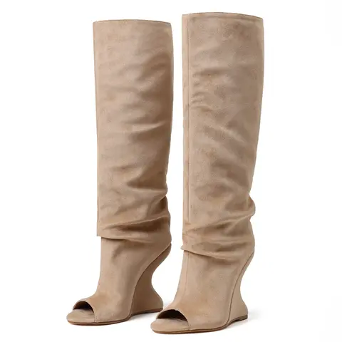 AOSPHIRAYLIAN Women's Peep Toe Slouch Knee High Wedge Boot Heels - Suede-Like Synthetic Upper, Curved Sculptural Wedge, Slouchy Shaft, Statement Shoes, Comfortable Heels for Fall Winter Night Out, Women's Shoe