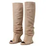 AOSPHIRAYLIAN Women's Peep Toe Slouch Knee High Wedge Boot Heels - Suede-Like Synthetic Upper, Curved Sculptural Wedge, Slouchy Shaft, Statement Shoes, Comfortable Heels for Fall Winter Night Out, Women's Shoe