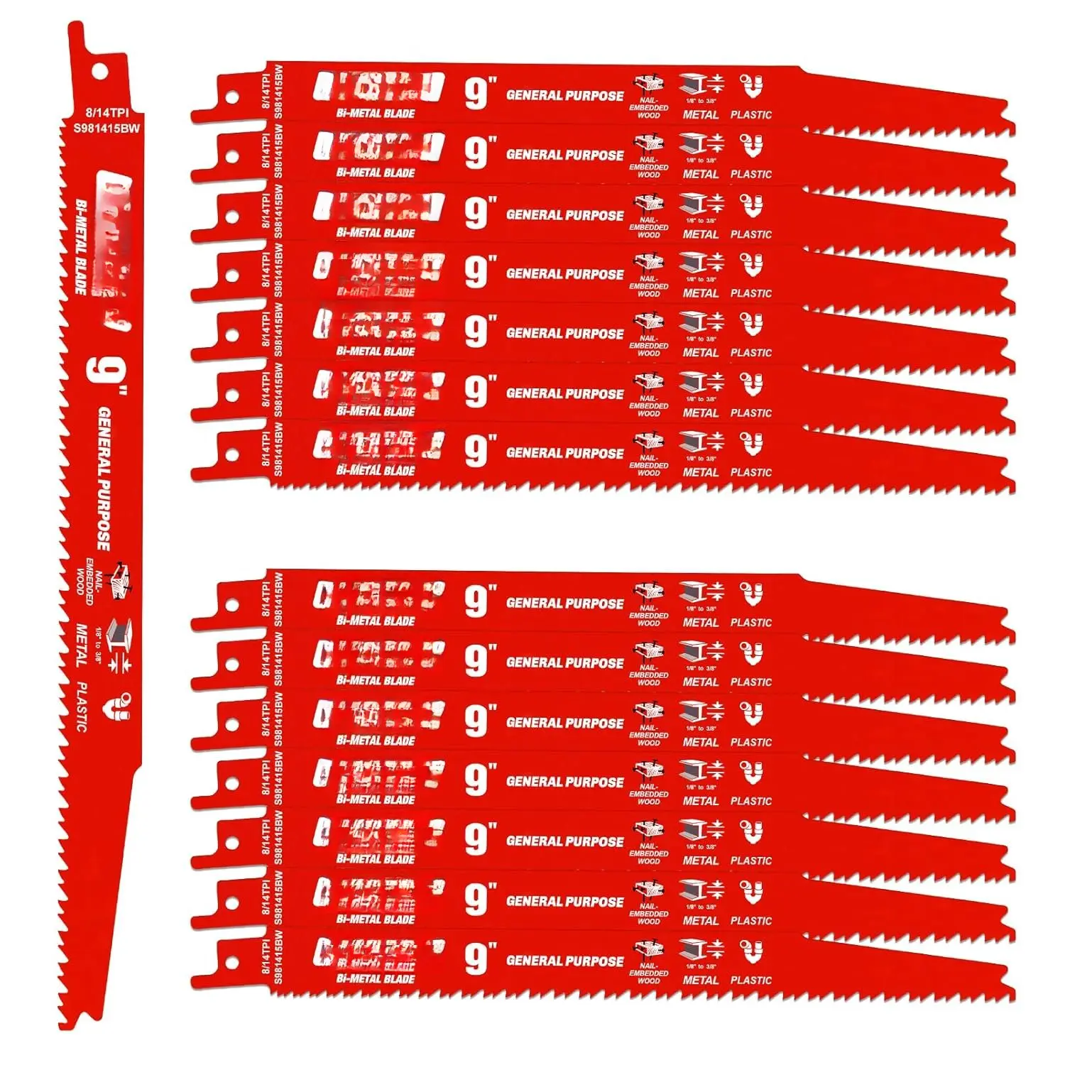 15 Pack 9 Inch 8/14TPI Reciprocating   for -Embedded  and Metal , Bi-Metal Sawzall  for General Purpose Cuts, Metal Demolition and PVC Pallets, for Diablo Sawzall