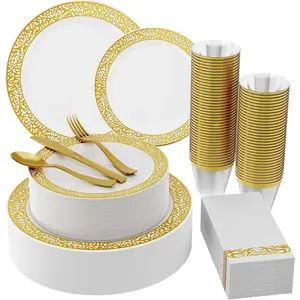 210 Count Gold Plastic Dinnerware, Gold Disposable Plates, Includes: 30 Dinner & 30 Dessert Plates & 30 Cups & 30 Paper Napkins & 30 Plastic Silverware Set -for Thanksgiving, Christmas, Parties