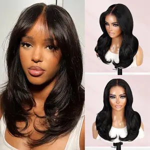 UpScale 100% Human Hair Wear and Go Pre Cut Pre Plucked Glueless 7x5 Closure Wig Layered Blow Out with Curtain Bangs Natural 16"