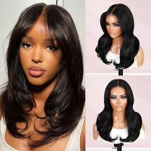 AliHairs Glueless Human Hair Wig, 16 Inch Layered Blow-Out Style with Curtain Bangs, Pre-Cut Brazilian 7x5 Lace Closure, 180% Density, Lace Closure Wig, Human Hair Wave, Wigs Human Hair, Glueless Wigs