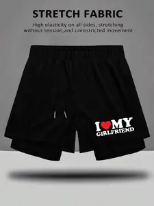 Men's Graphic Print Layered Gym Shorts, High Elastic Breathable Summer Training Pants, Casual Street Style Capri Shorts