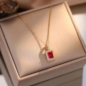 US Local Stock Fashion Red Colorful Square Zirconia Pendant Necklace for Women Jewelry Shining Luxury Ruby for Party